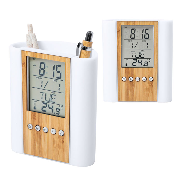 suporturi de pixuri cu ceas si calendar din bambus AP721875