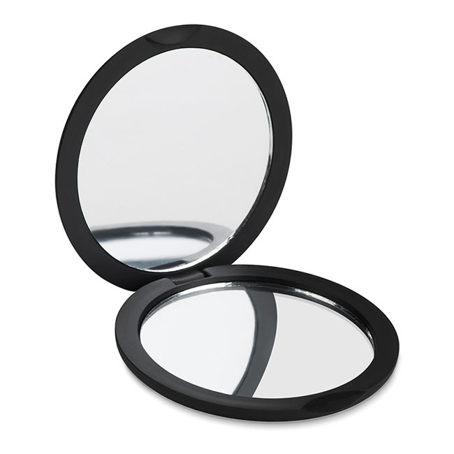 oglinzi promotionale negre de buzunar MO8767 cu lupa din plastic si finisari cauciucate 